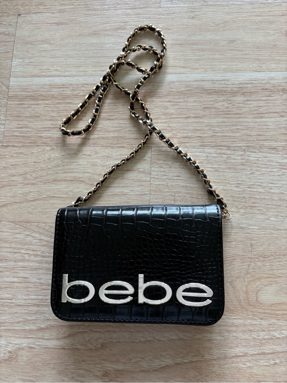 bebe Black Croc-Embossed Chain Shoulder Bag with Gold Logo